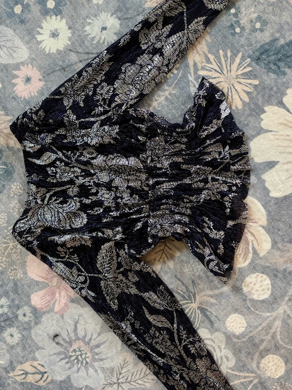 NWT! Anthropologie‎ Metallic Blue & Silver V-Neck Peplum Blouse Long Sleeve ~ M - Picture 5 of 9